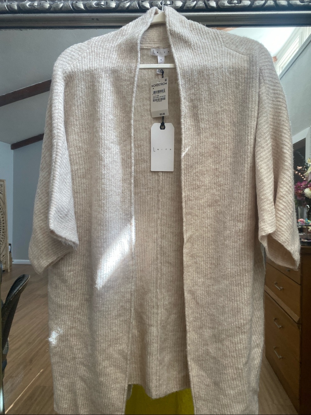 Nordstrom Leith Women's Open-Front Short-Sleeve Cardigan - Light Beige